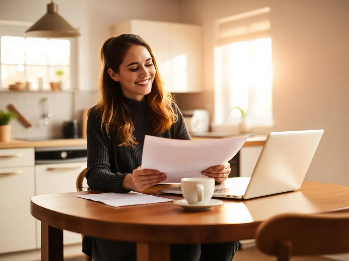 Homeowner at a kitchen table reviewing mortgage refinance paperwork
